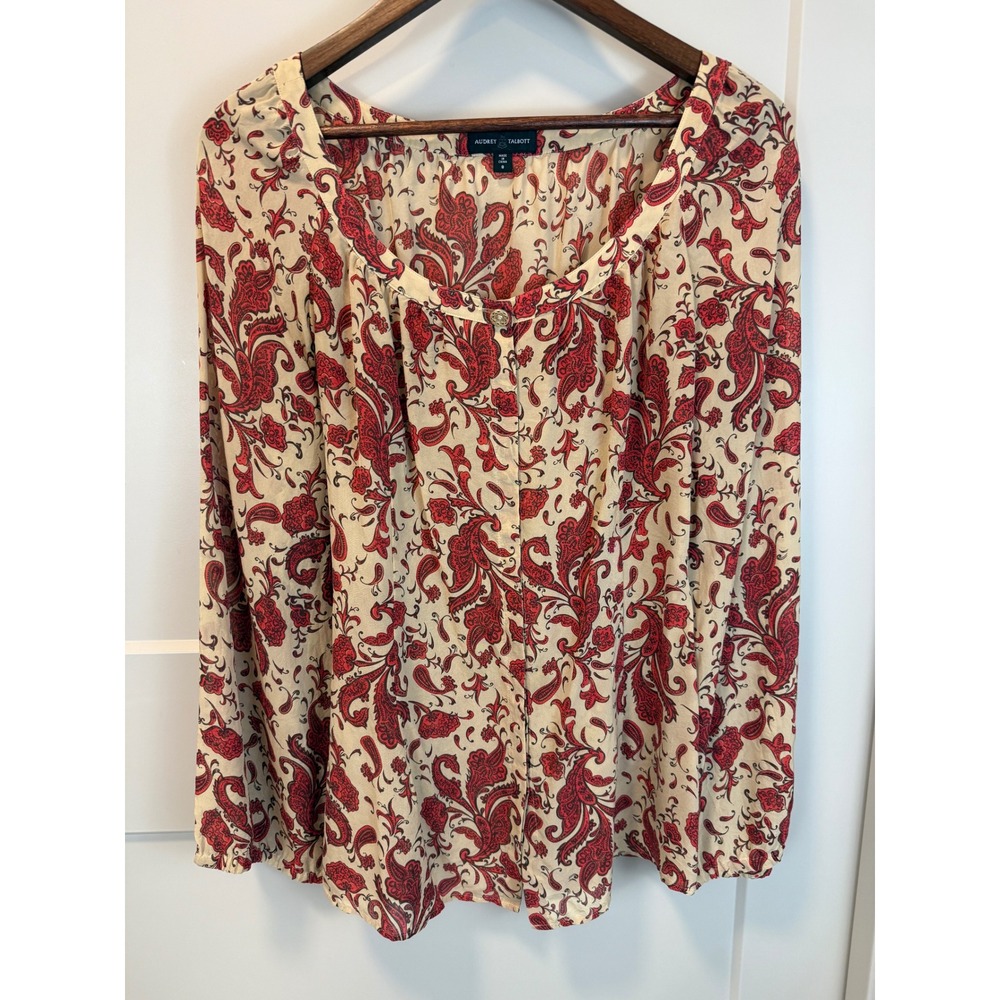 Audrey Talbott 100% Silk Beige Red Floral Paisley Blouse Size 8 Cottagecore‎
